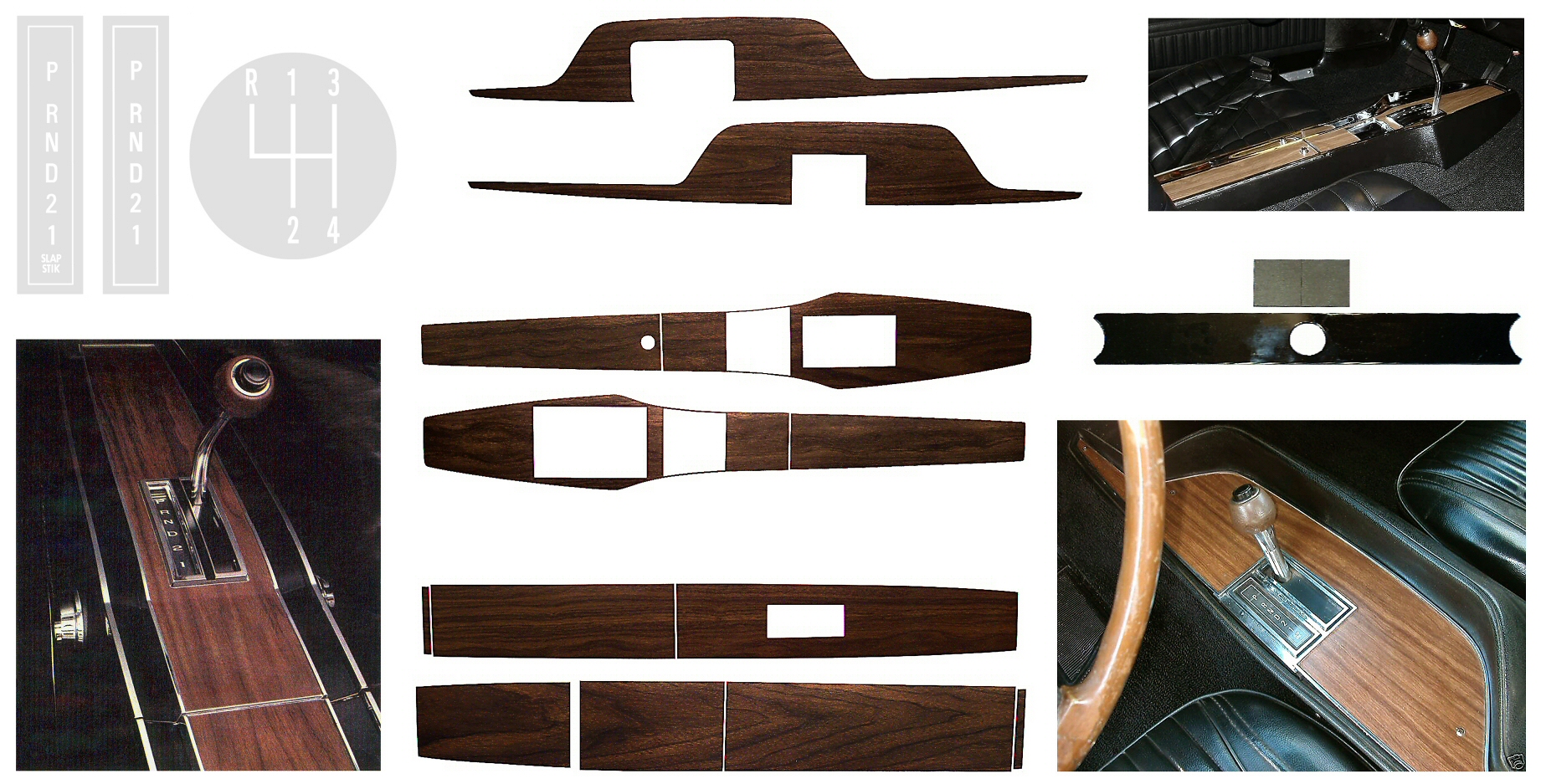 Plymouth/Dodge/Mopar Shifter Console Woodgrain Decals/Hardware