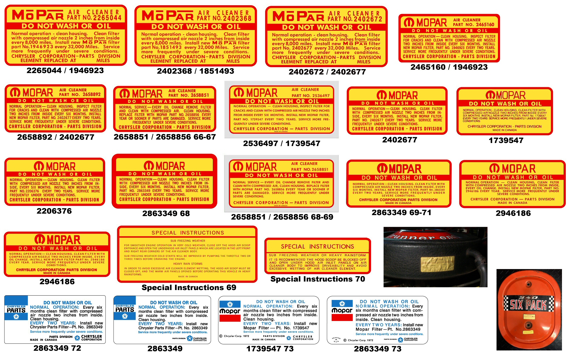 1963-73 Air Filter Instructions Decals, Mopar, Chrysler, Plymouth, Dodge