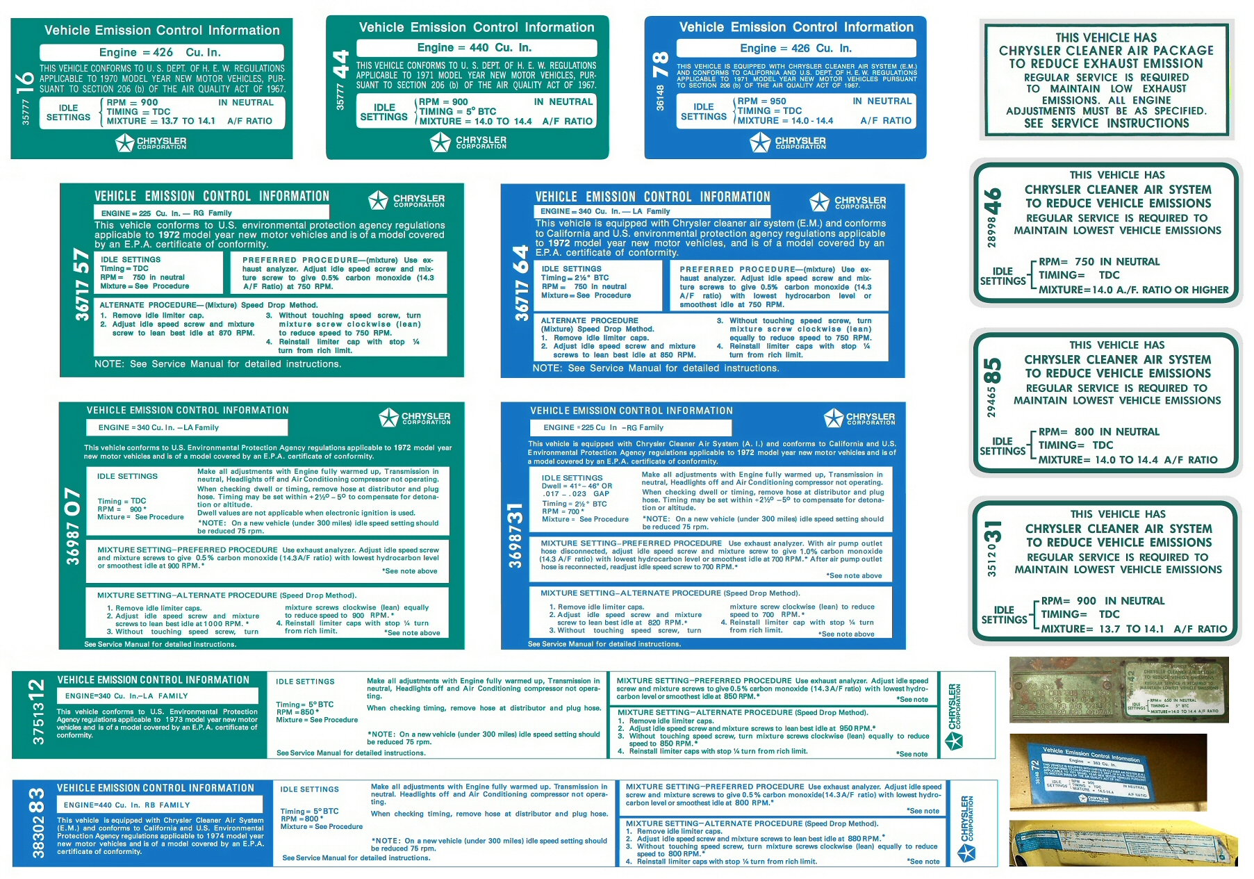 Emissions Instructions Decals: Mopar, Chrysler, Plymouth, Dodge