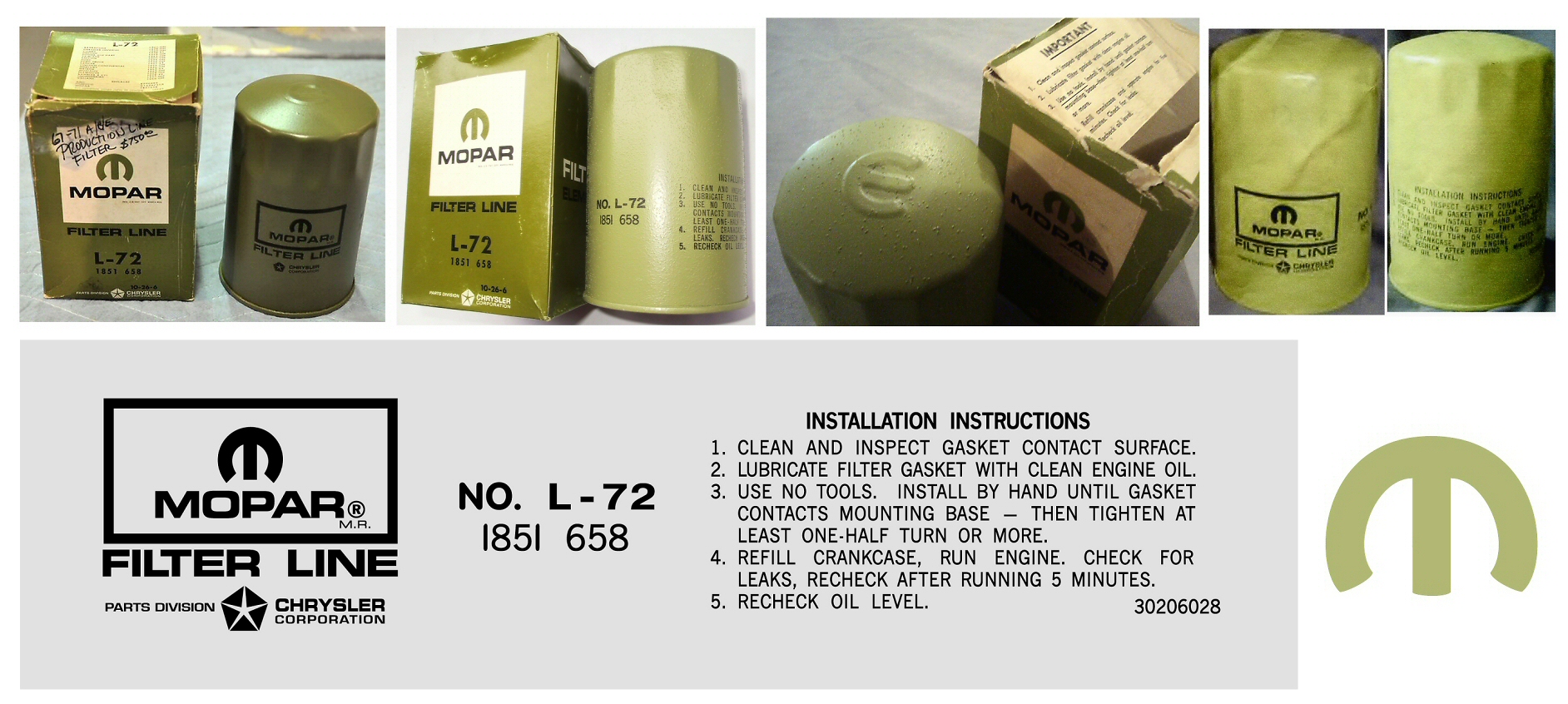 1963-1972 Mopar L-72 1851-658 Green Oil Filter Decal