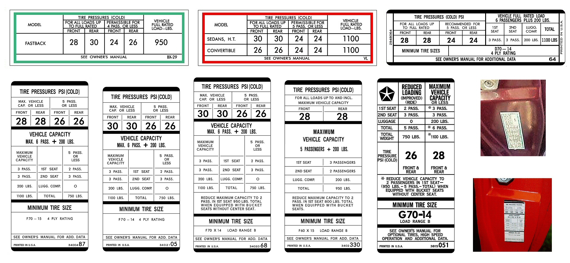 Tire Pressure Instructions Decals: Mopar, Chrysler, Plymouth, Dodge