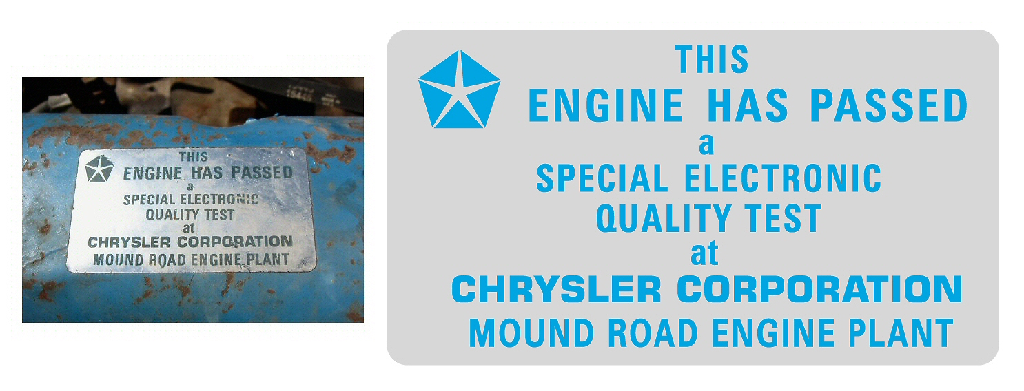 "Mound Road Engine Plant" Valve Cover Decal 1972+ 72+
