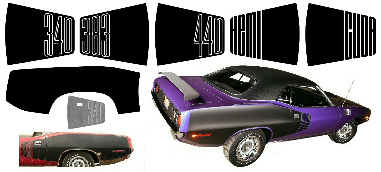 1971 Plymouth Cuda Quarter Panel Billboard Blackout/Lettering Decals