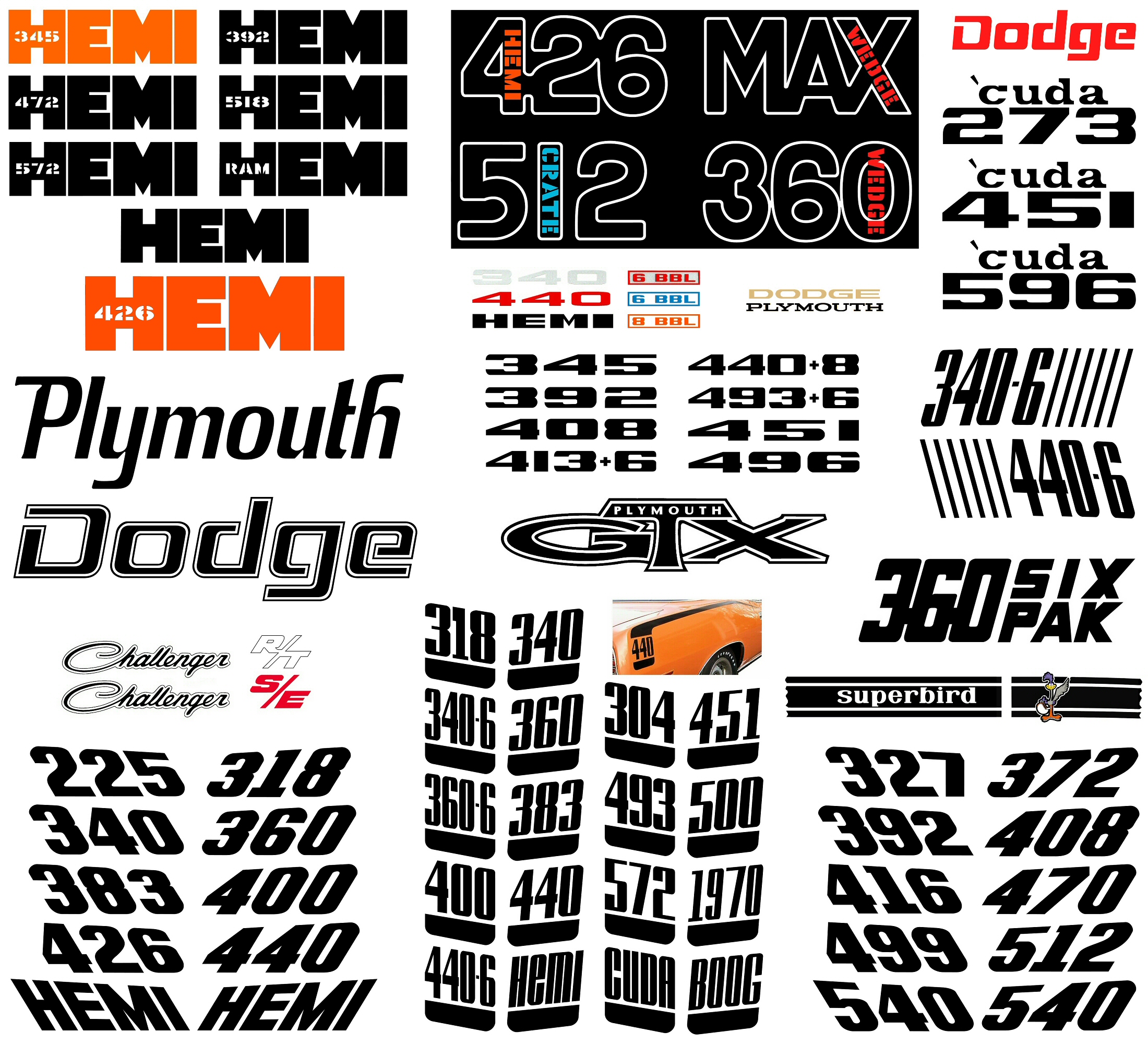 Dodge & Plymouth Custom Die-Cut Engine-Size & Lettering Decals