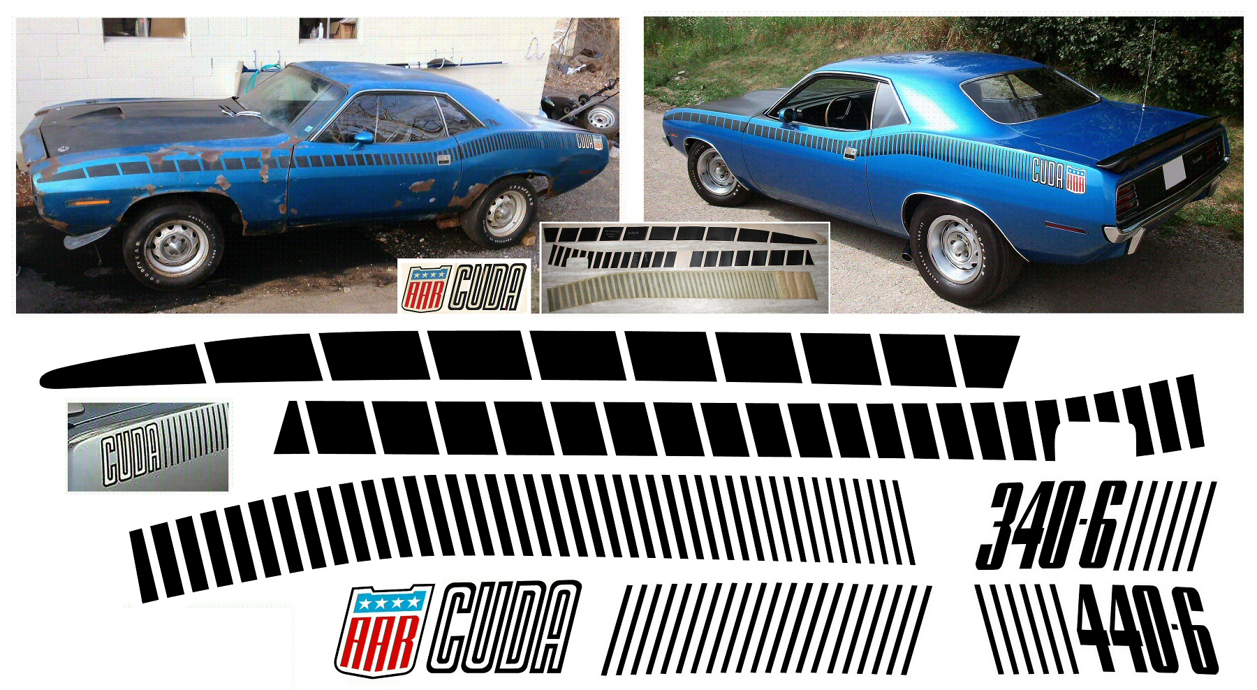 1970 Plymouth AAR Cuda Upper-body Strobe Stripe/Lettering/Shield Decals
