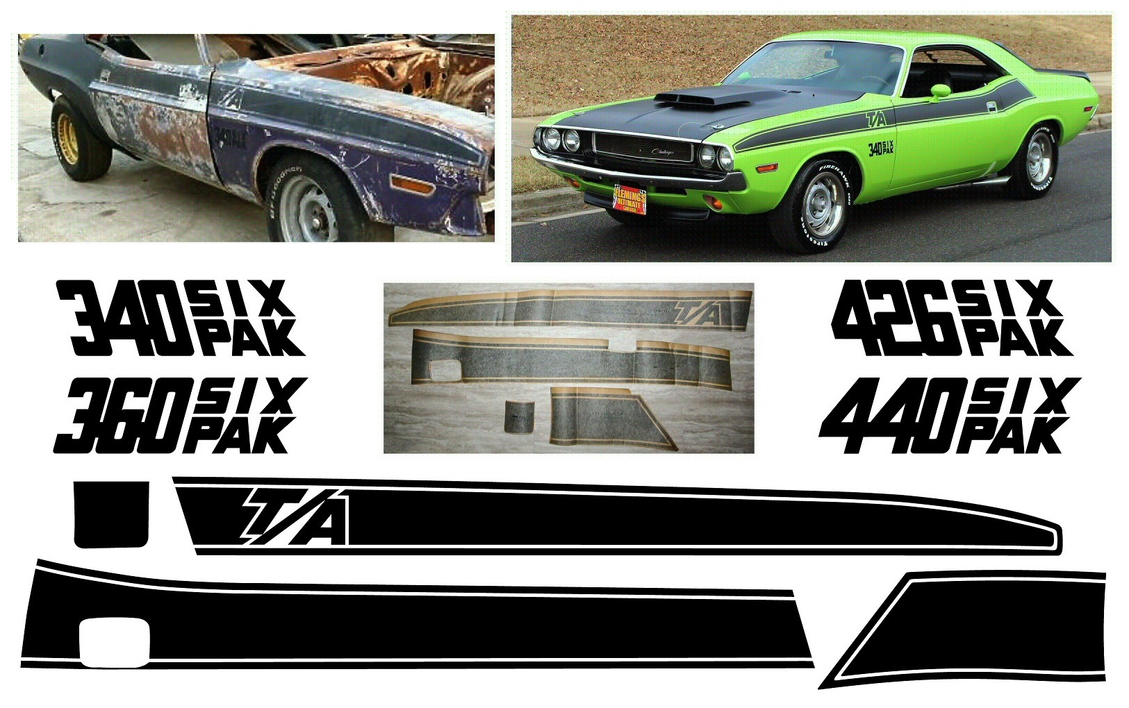 1970 Dodge Challenger T/A "340 Six Pak" Stripe/Lettering Decals